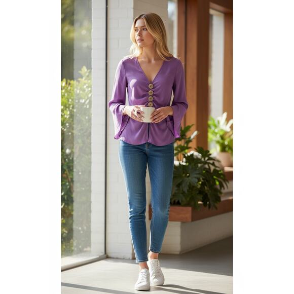 RAMY BROOK Top NEW Size S Light Purple Livi Blouse $385 Gold Metallic - Picture 1 of 6